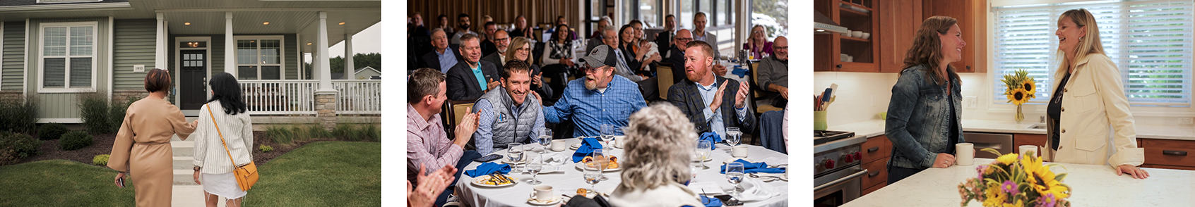 Photo collage featuring an agent walking up to a home with her client; a company breakfast celebration; an agent talking to her client in a kitchen